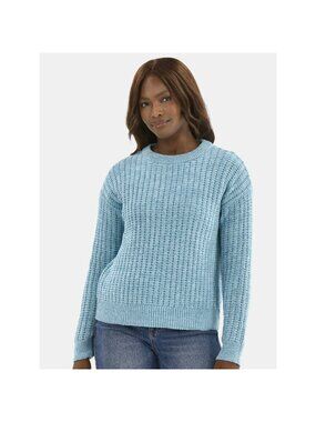 Light Blue Women's Knit Sweater With Ribbed Detailing & Long Sleeves